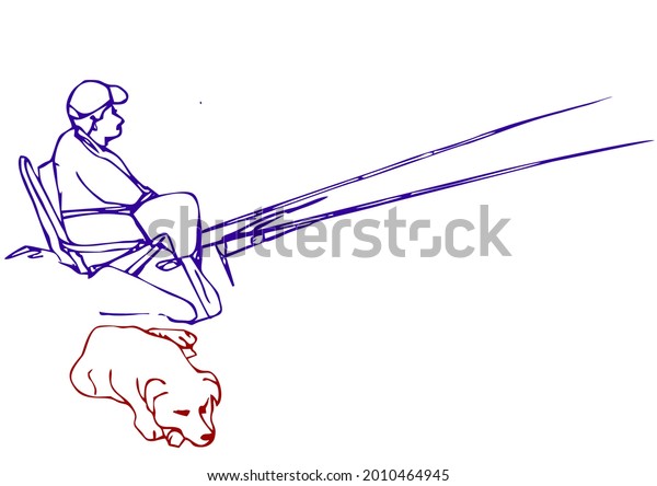 Картинка для линейного векторного рисунка Андрея Бондаренко #iThyx: Рыбак с собакой сидит на стуле и ловит рыбу удочками в пруду. Простой линейный рисунок