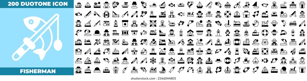 Fisherman Duotone Editable Icons set. Vector illustration in modern thin duotone style of fisherman icons: Camping, skeleton, fishing line, fisherman, sea, pond, catch, hook, float, etc