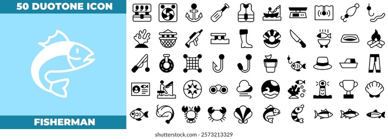 Fisherman Duotone Editable Icons set. Vector illustration in modern thin duotone style of fisherman icons: fishing, fisherman, man, etc