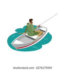 Fisherman during catching fish on spinning rod on boat 3d isometric vector illustration