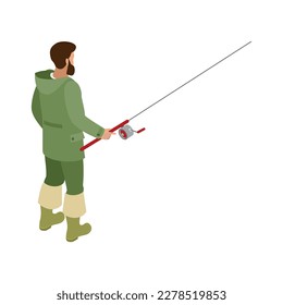 Fisherman during catching fish on spinning rod back view isometric vector illustration