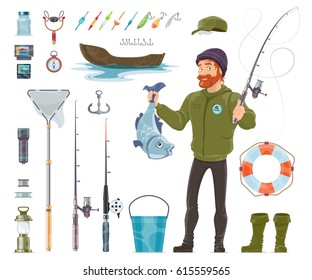 Fisherman elements set with fishing rods tackles floats baits reels bucket compass boat anchor lifebuoy flashlight game pad isolated vector illustration 