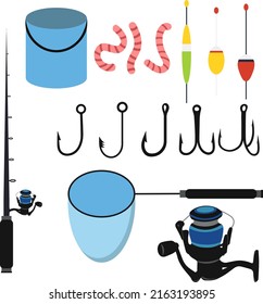 Fisherman elements set. Float, fishing rod, bucket, net, worms, reel. Vector illustration.