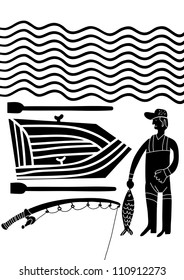 fisherman with equip and boat set