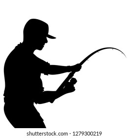 Fisherman with equipment and fishing rod silhouette