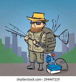 A fisherman with a lot of equipment is ready for fishing. Hand drawn cartoon vector illustration.