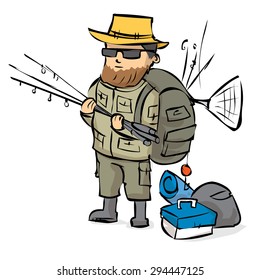 A fisherman with a lot of equipment is ready for fishing. Hand drawn cartoon vector illustration.