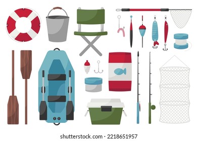 Fisherman equipments flat icons set. Different fishing gear for outdoor activity. Boat with oars, spinning, hook and rod. Comfortable chair for long fishing. Color isolated illustrations