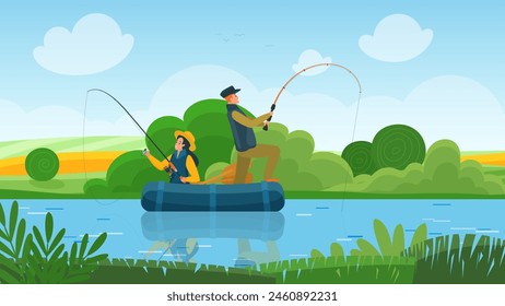 Fisherman family sail on inflatable boat along pond in summer landscape, man and woman catch fish with fishing rods. River or lake cute scene with leisure of anglers cartoon vector illustration