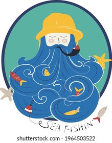 
Fisherman. Fashion kids print with Fisherman and  With text slogan.  Vector hand draw illustration.