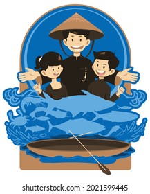 Fisherman father, daughter, son smiling showing fish and giving the thumbs-up. Underneath, there are various types of fish caught in the sea and small boats. Flat vector illustration for fishing logo