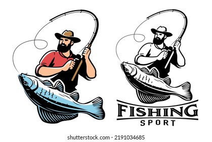 Fisherman With Fish Emblem. Sport Fishing, Angling Logo. Vector Illustration Isolated On White Background