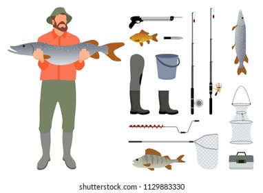 Fisherman with fish in hand and tackle. Rod and landing net, bucket and box, harpoon and knife, rubber boot, trout and perch and crucian vector icons