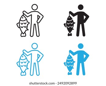 Fisherman with fish icon black and white vector outline sign