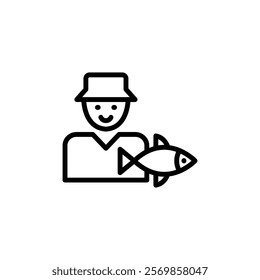 Fisherman with fish icon Black and white outline vector