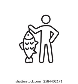 Fisherman with fish icon black and white vector outline sign