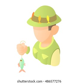 Fisherman with fish icon in cartoon style isolated on white background vector illustration