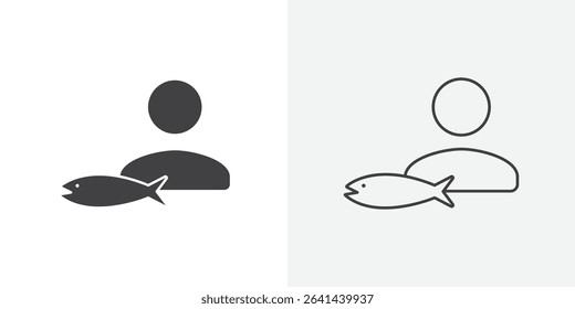 Fisherman with fish icon Line graphics illustration