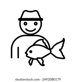 Fisherman with fish icon linear logo mark in black and white