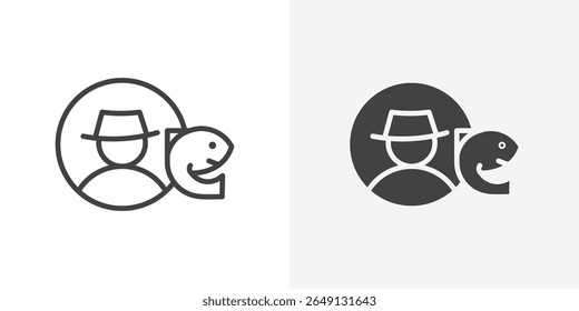 Pescador com ícone de peixe Contorno sinal vetorial