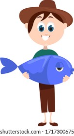 Fisherman with a fish, illustration, vector on white background
