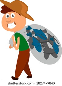 Fisherman with fish, illustration, vector on white background