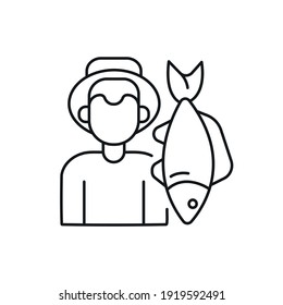 Fisherman with fish linear icon. Trophy fishing. Isolated vector outline illustrations. Editable stroke