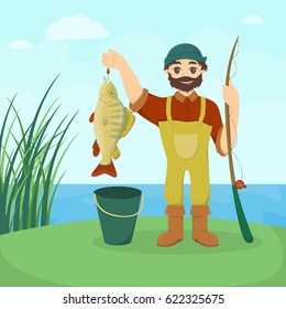 Fisherman with fish. Man with big fish and tackle.