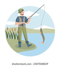 Fisherman with fish. Man in uniform with fishing rod stands on shore of lake or river. Active lifestyle and recreation. Vacation and holiday, outdoor leisure. Cartoon flat vector illustration