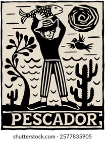 Fisherman with fish. Northeast brazilian cordel. Woodcut vector illustration.