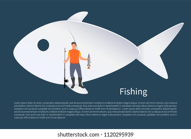 Fisherman with fish on background vector icon. Fisher fishing from flipper of pale fishery icon holding rod and pike in hands, sport and hobby theme