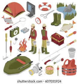 Fisherman with Fish, Rod, Hook and Boat. Fishing Tools. Vector flat 3d isometric illustration