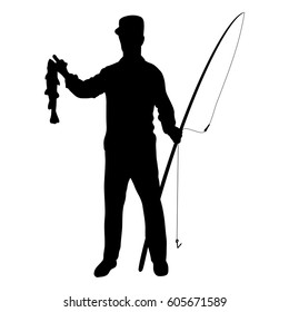 Fisherman with fish and rod silhouette vector