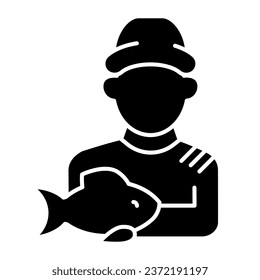 Fisherman with fish solid icon. Fisher and the catch vector illustration isolated on white. Angler glyph style design, designed for web and app. Eps 10