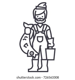 fisherman with fish vector line icon, sign, illustration on background, editable strokes