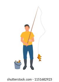 Fisherman with fisher-rod vector illustration isolated on white background, adult man in yellow t-shirt and blue trousers in boots, catched fishes