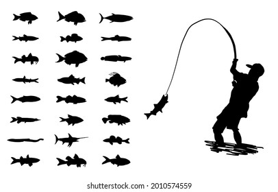 Fisherman and fishes on white background. Vector.