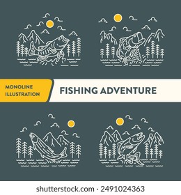 Pescador Pesca Aventura Monoline Ilustración vectorial