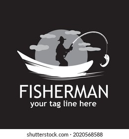 Fisherman fishing black background river illustration vektor logo design