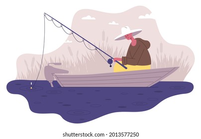 Fisherman fishing in boat. Male outdoor activity, fisherman character with rod waiting for fish biting vector illustration set. Fishing sport recreation. Single man having hobby on nature