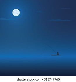 Fisherman and fishing boat at night. Dark atmosphere cartoon vector background. Eps10 vector illustration.