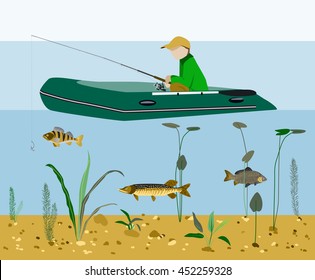 Fisherman fishing in a boat on a lake or river Flat style vector illustration. Underwater scene, water plans and fish. Fishing banner, concept, horizontal design.