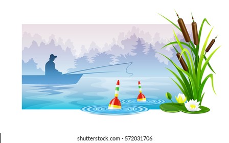 Fisherman at fishing in boat on river with mist floats rods and reeds. Morning landscape dawn. Human hat silhouette vector illustration. Banner isolated white background