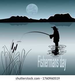 A fisherman is fishing by the light of the moon