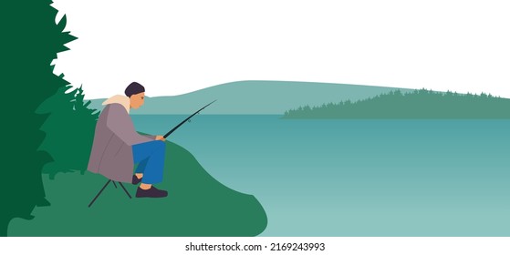 Fisherman fishing. Camping on the banks of a fast mountain river. Overnight near bonfire. Summer landscape and beautiful sunrise. Illustration vector