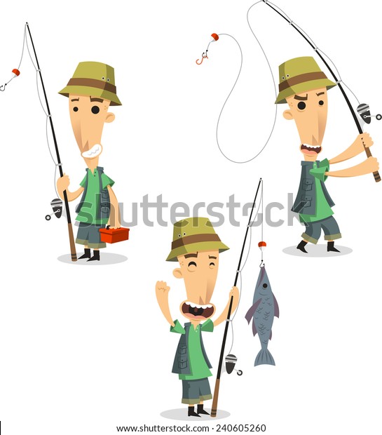 Fisherman with fishing equipment and fish,\
vector illustration\
cartoon.