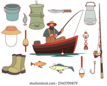 Pescador e equipamento de pesca. Homem barbudo feliz no barco com haste no lago, engrenagens e redes, fiadores, balde e carros alegóricos, passatempo e recreação ao ar livre, plano de desenho animado, conjunto de elementos isolados vetoriais