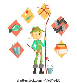 Fisherman With Fishing Equipment Icons Around Infographic Drawing