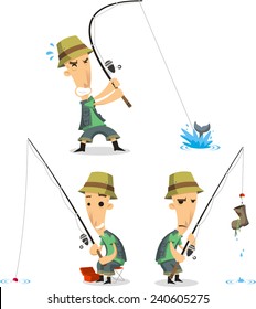 Fisherman with fishing equipment, vector illustration cartoon.