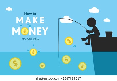 Fisherman is fishing gold dollar coin in the clear water. he sitting on the cliff. silhouette flat cartoon character design vector illustration. money financial concept.